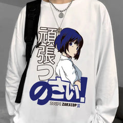 Anime Happy Face Print Oversized Sweatshirt White-Blue / M
