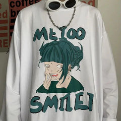 Anime Happy Face Print Oversized Sweatshirt White-Green / M