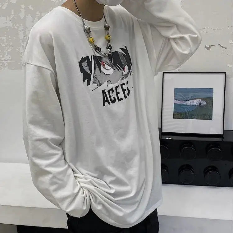 Anime Happy Face Print Oversized Sweatshirt White-Letters