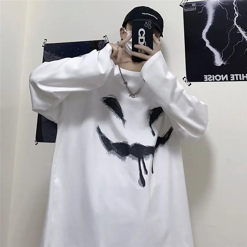 Anime Happy Face Print Oversized Sweatshirt White-Face / M