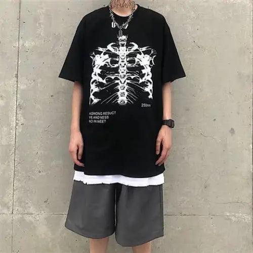 Anime Japan Style Gothic Oversized T Shirt Black- Bone scan