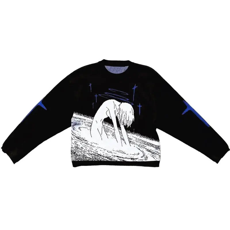Anime O Neck Knitting Sweater Acetate Nylon Black / M