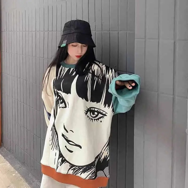 Anime Print Oversize Sweatshirt for Casual Wear
