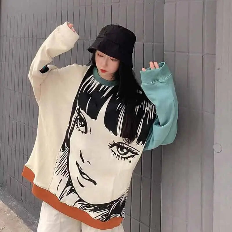Anime Print Oversize Sweatshirt for Casual Wear
