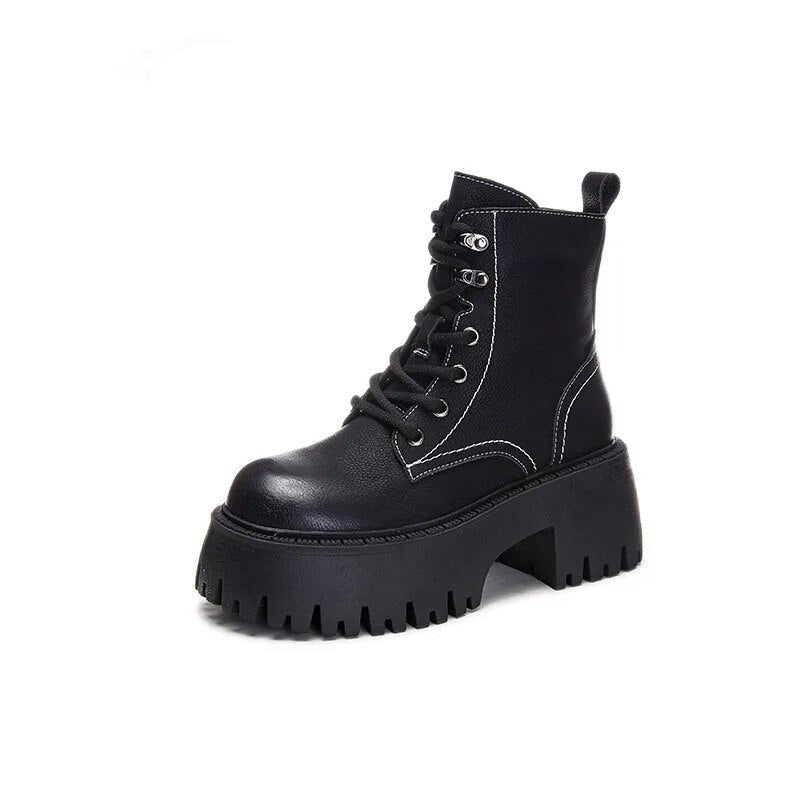 High Thick Sole Lace Up Ankle Round Toe Boots - Black / 35 -