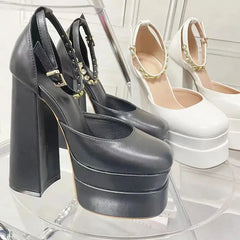 Ankle Buckle High Heels Platform Square Toe Pumps