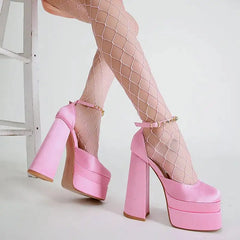 Ankle Buckle High Platform Square Toe Pumps Light Pink / 35