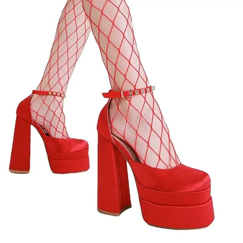 Ankle Buckle High Platform Square Toe Pumps Red / 35