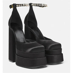 Ankle Buckle High Platform Square Toe Pumps