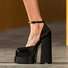 Ankle Buckle High Platform Square Toe Pumps