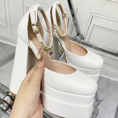 Ankle Buckle High Platform Square Toe Pumps White / 35