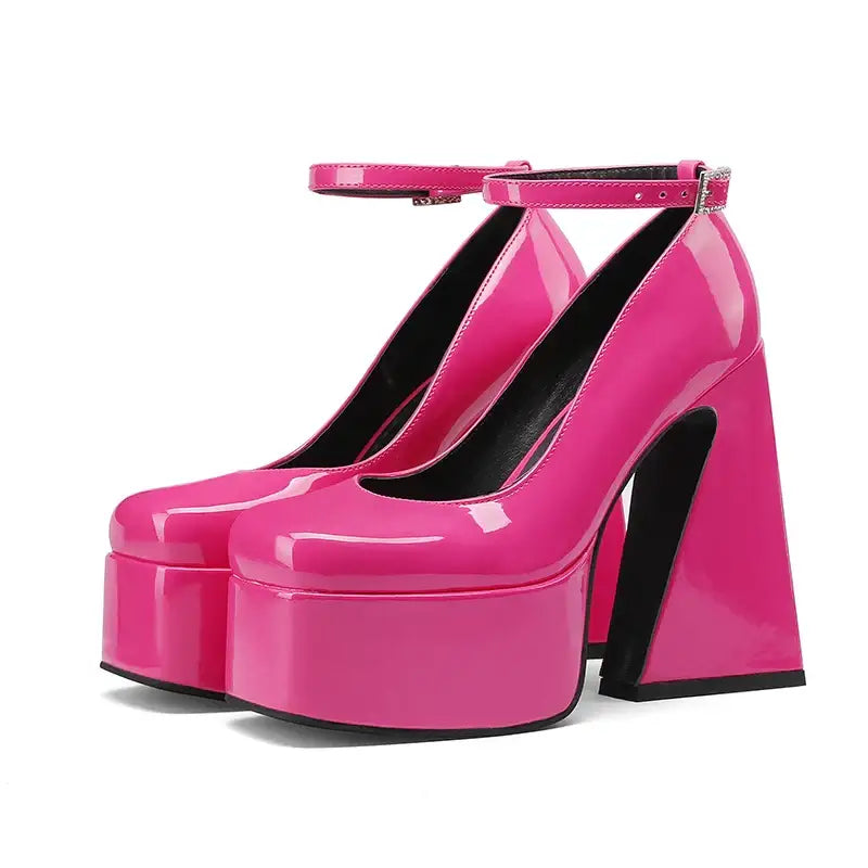 Ankle Buckle Platform Square High Heels Pumps - Pink / 5