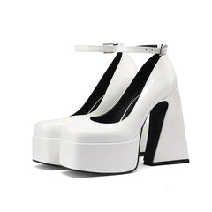 Ankle Buckle Platform Square High Heels Pumps - White / 5