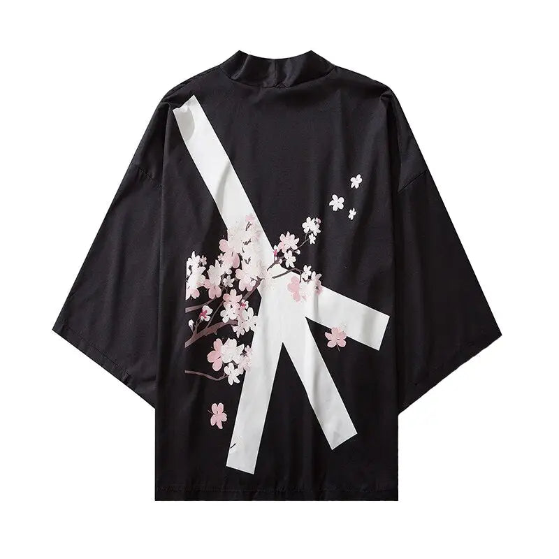 Anti-War Japanese Style Three Quarter Sleeve Kimono Black