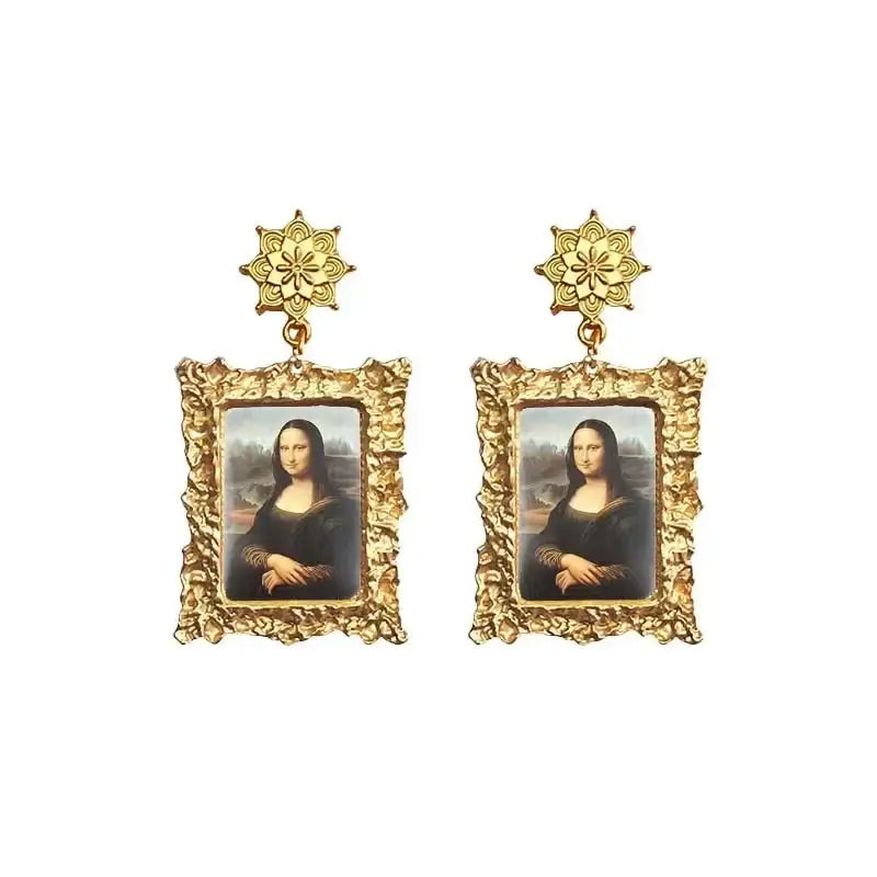 Antique Plated World Paintings Drop Earring - Mona Lisa