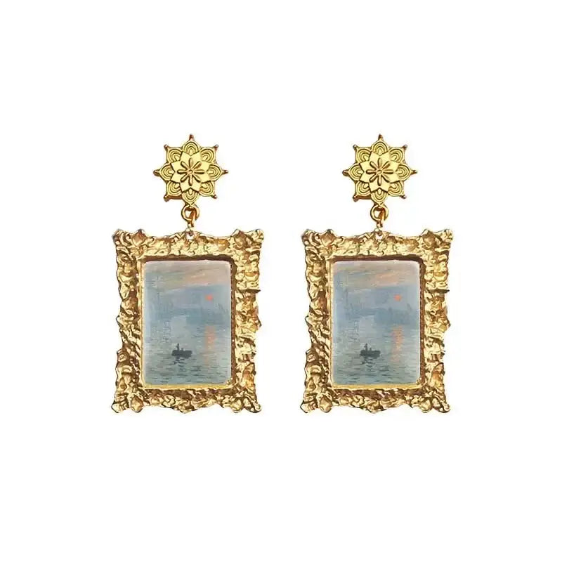 Antique Plated World Paintings Drop Earring - Oleo Paint