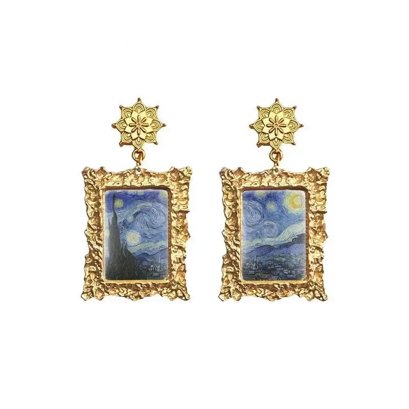 Antique Plated World Paintings Drop Earring - The Starry