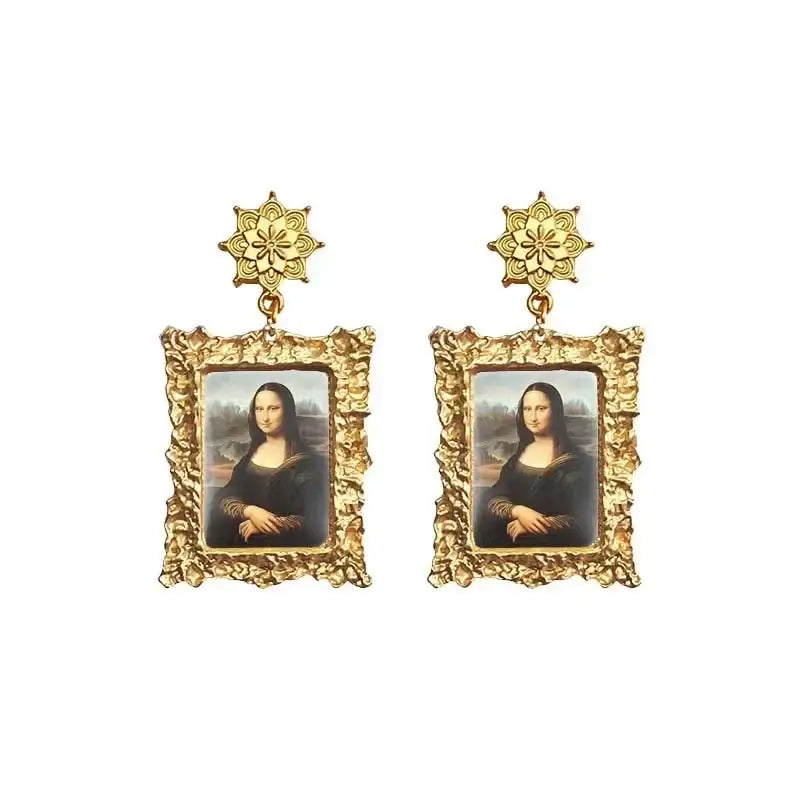 Antique Plated World Paintings Drop Earrings Mona Lisa