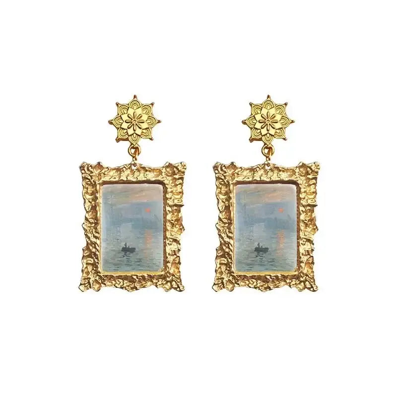 Antique Plated World Paintings Drop Earrings Oleo Paint