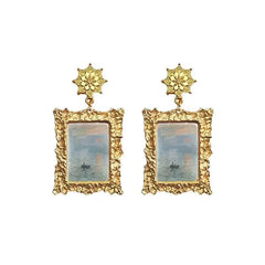 Antique Plated World Paintings Drop Earrings Oleo Paint