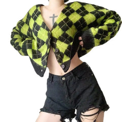 Argyle Pattern Knitted Cardigan Sweater