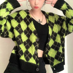 Argyle Pattern Knitted Cardigan Sweater for Men and Women