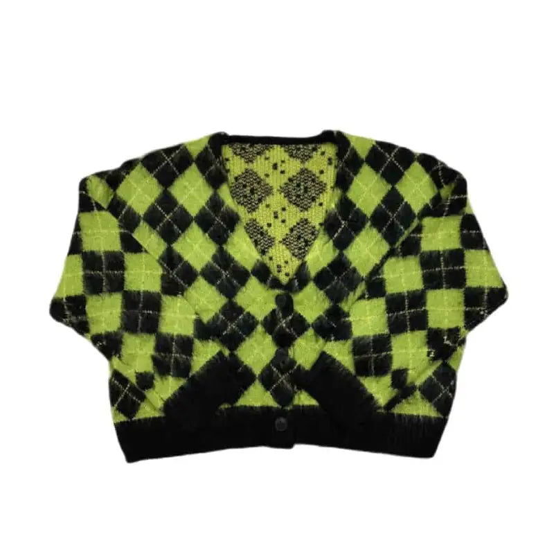 Argyle Pattern Knitted Cardigan Sweater - Green / S