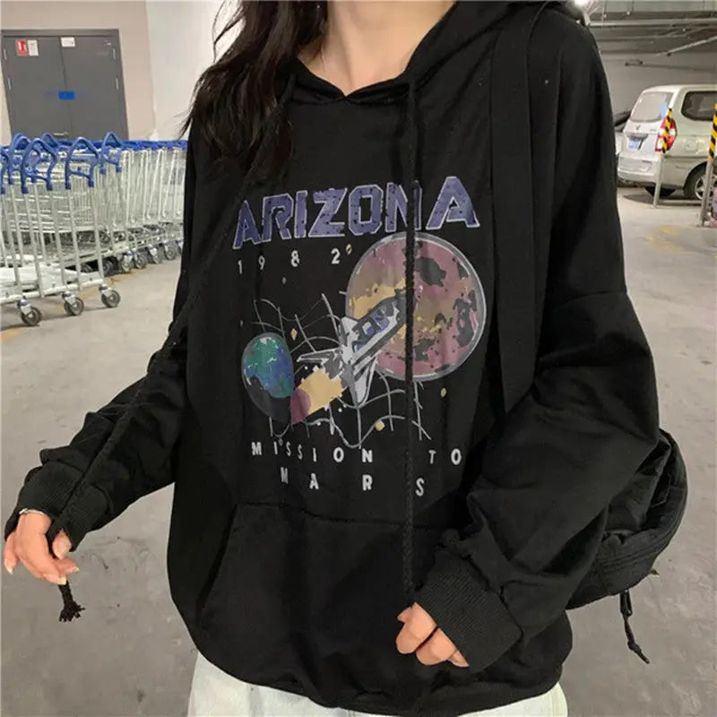 Arizona Printed Loose Hoodie - Black / M - Hoodies