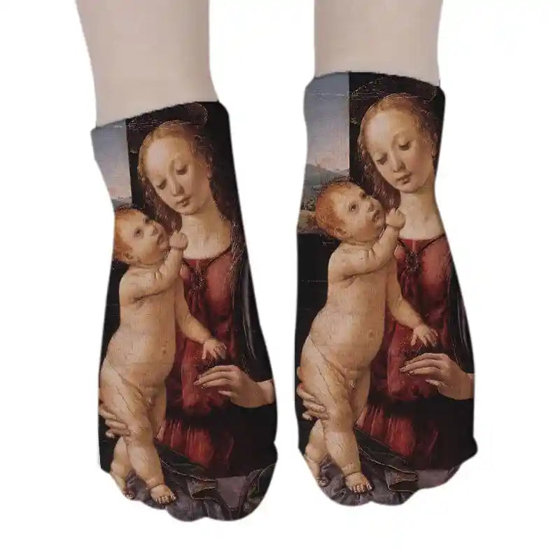 Art Hoe Cotton Socks with Oil Painting Character Design