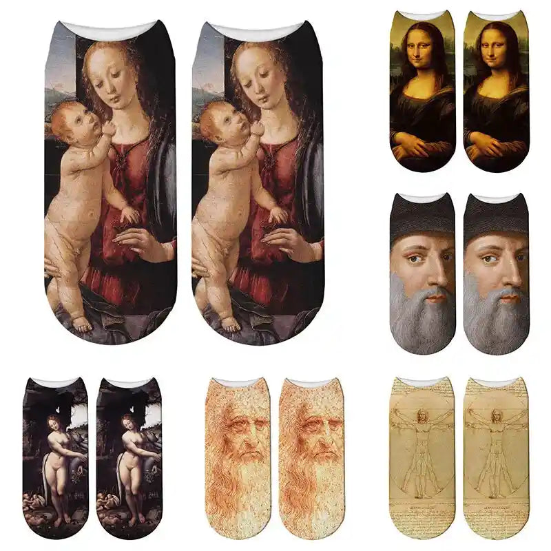 Art Hoe Cotton Socks with Oil Painting Character Design