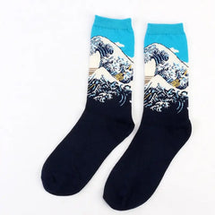 Art Vintage Colorful Socks - Blue-White / All Code
