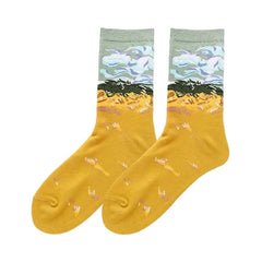 Art Vintage Colorful Socks - White-Yellow / All Code