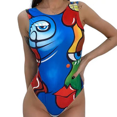Artistic Print One Piece Full color Swimsuit - Blue / S