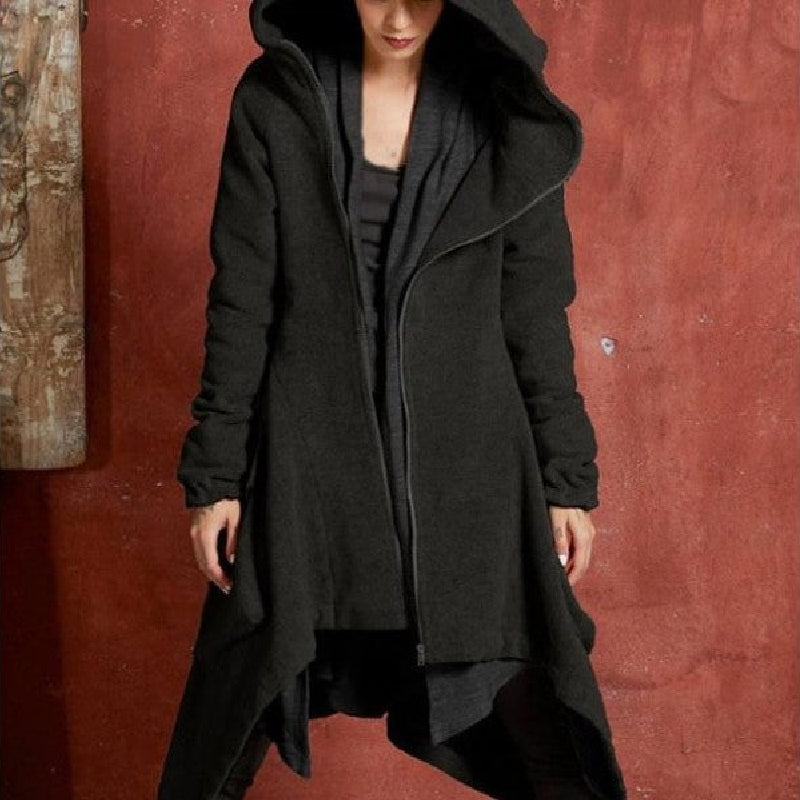 Asymmetric Long Sleeve Plush Trench Coat with Hooded - Black