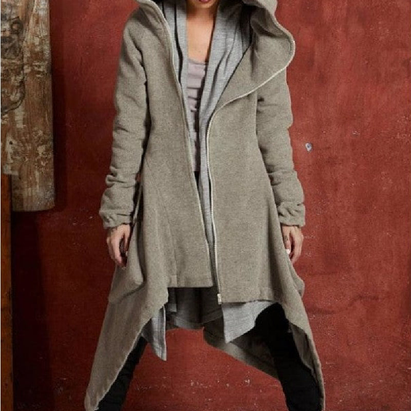 Asymmetric Long Sleeve Plush Trench Coat with Hooded - Grey