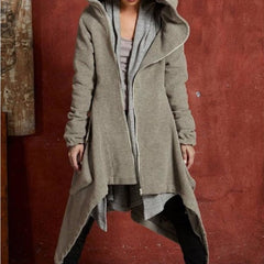 Asymmetric Long Sleeve Plush Trench Coat with Hooded - Grey