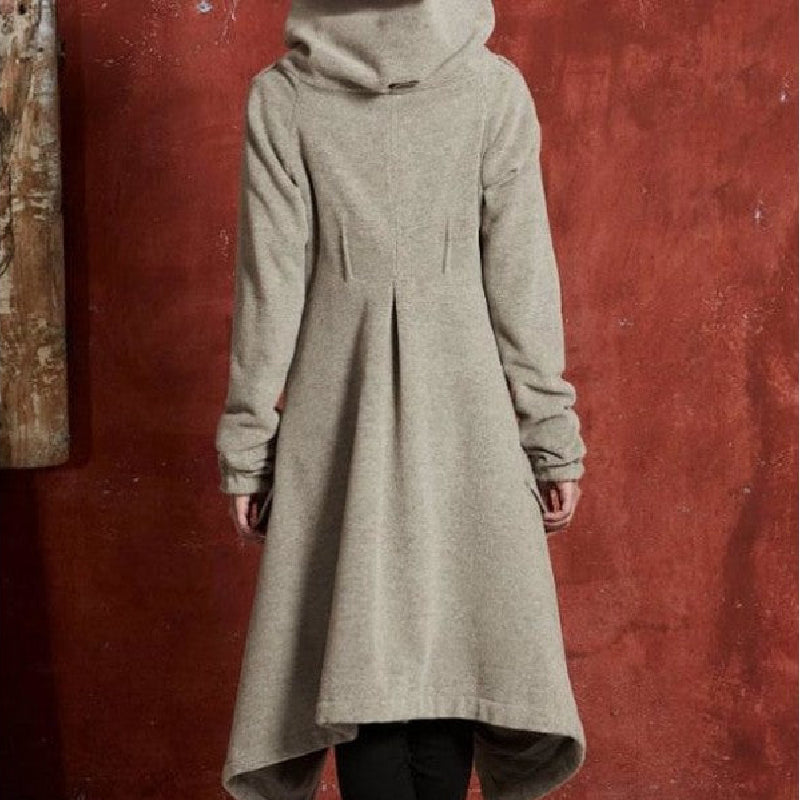 Asymmetric Long Sleeve Plush Trench Coat with Hooded -