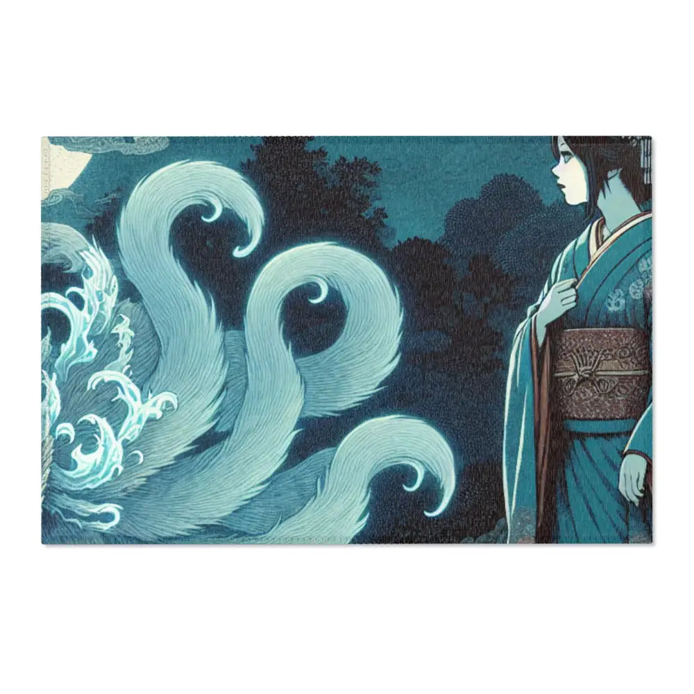 Atmospheric Area Rug with Mischievous Kitsune Yokai Design
