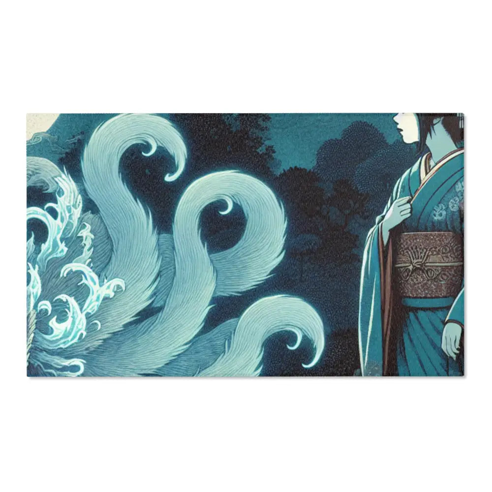 Atmospheric Area Rug with Mischievous Kitsune Yokai Design