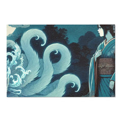 Atmospheric Area Rug with Mischievous Kitsune Yokai Design