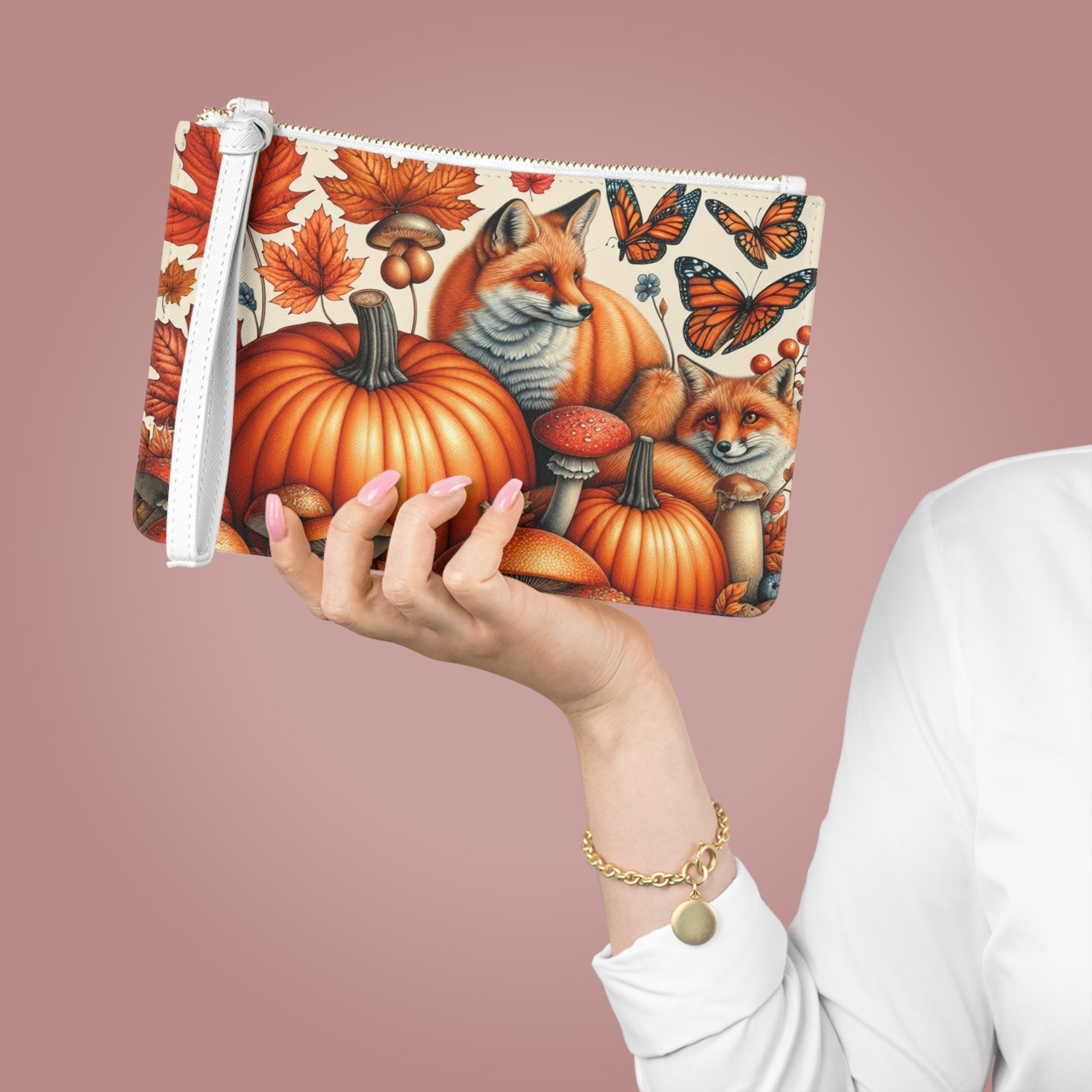 Autumn Travel Clutch Bag with Pumpkin and Leaf Design