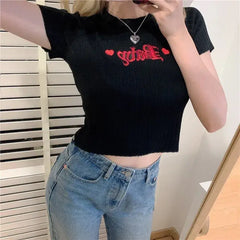 Baby Embroidery Short Sleeve Knitted Crop Top