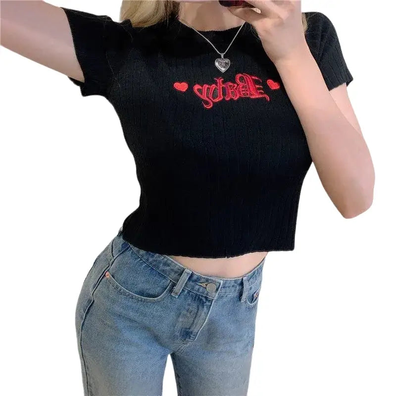 Baby Embroidery Short Sleeve Knitted Crop Top - Black