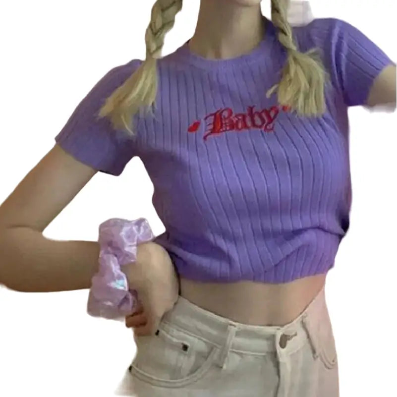 Baby Embroidery Short Sleeve Knitted Crop Top - Purple