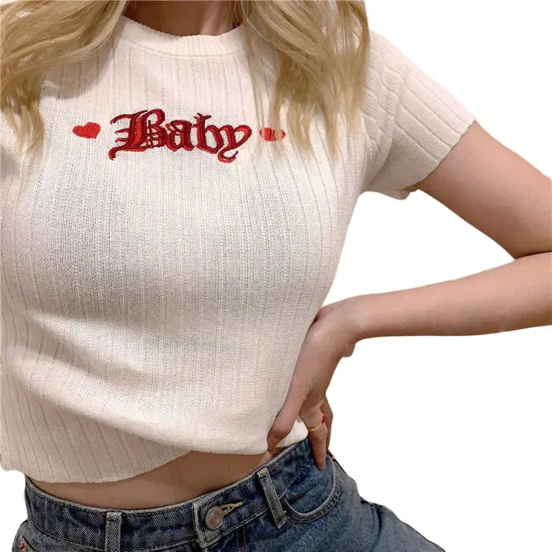 Baby Embroidery Short Sleeve Knitted Crop Top - White