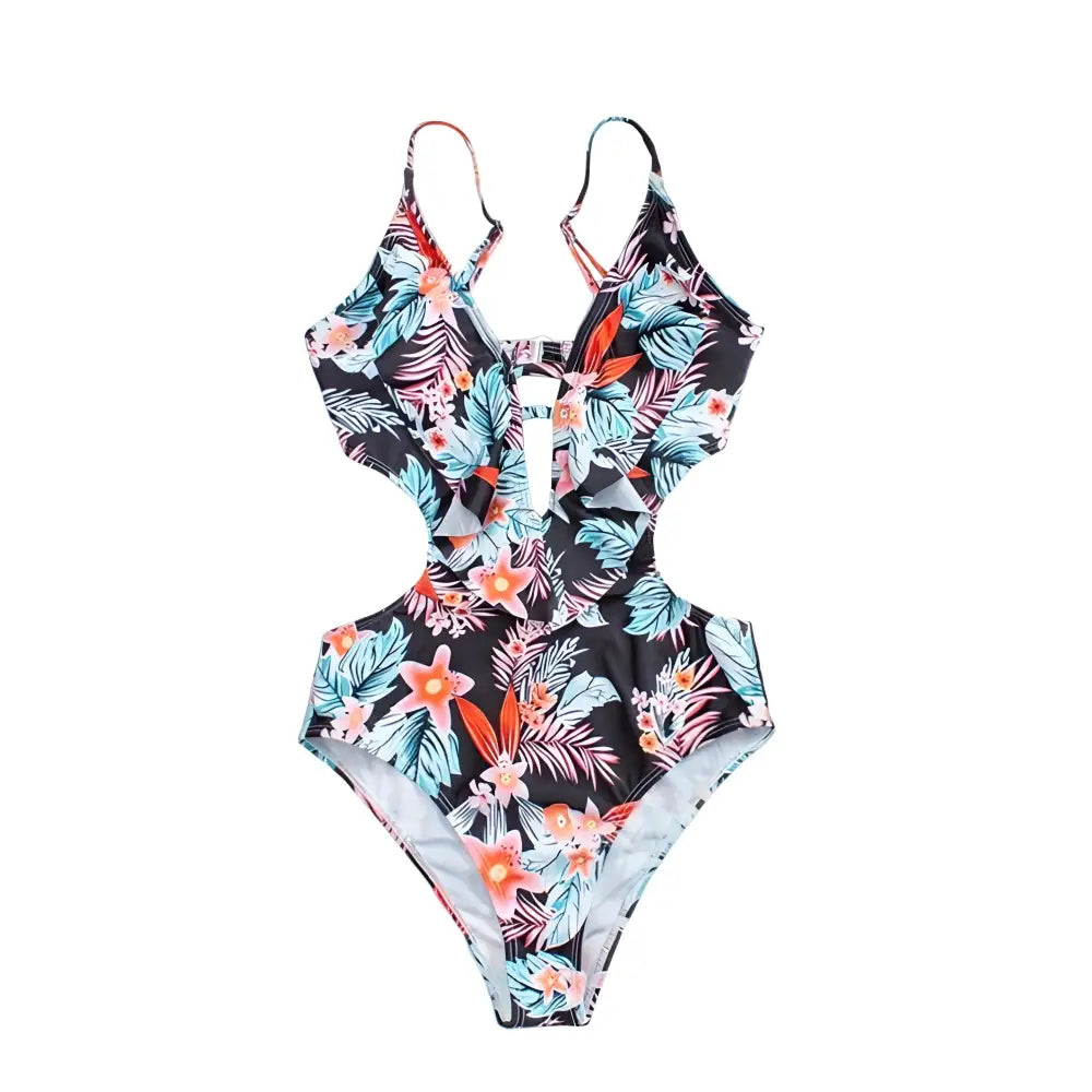 Backless Lace-Up One-Piece Swimsuit with Printed Design