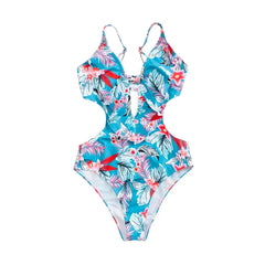 Backless Lace-Up One-Piece Swimsuit with Printed Design