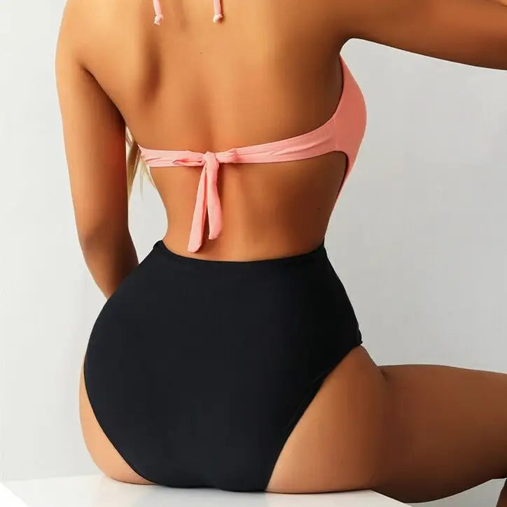 Backless Lace-Up One-Piece Swimsuit with Printed Design