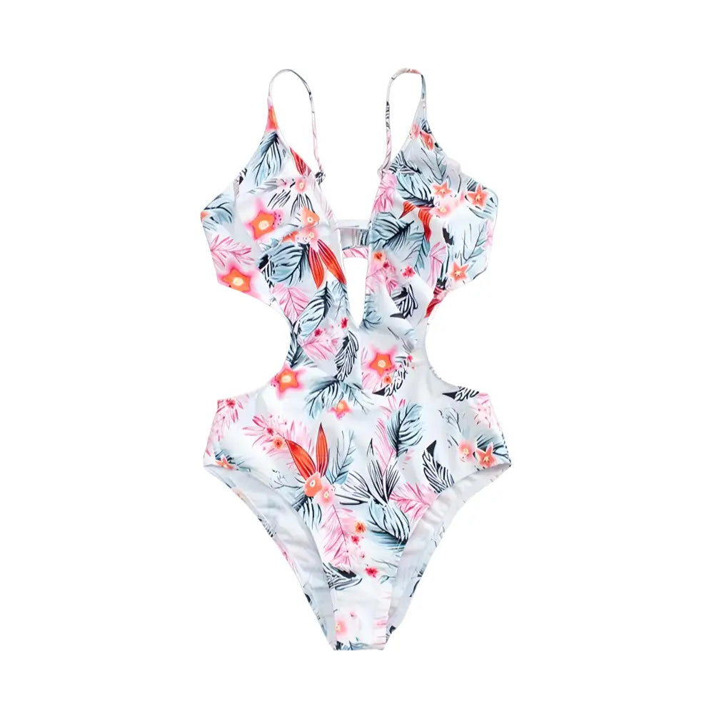 Backless Lace-Up One-Piece Swimsuit with Printed Design