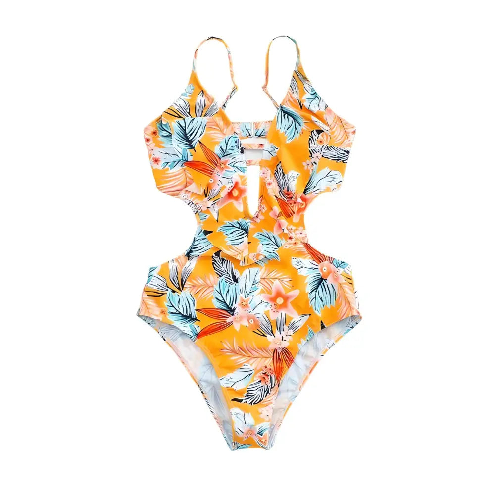 Backless Lace-Up One-Piece Swimsuit with Printed Design